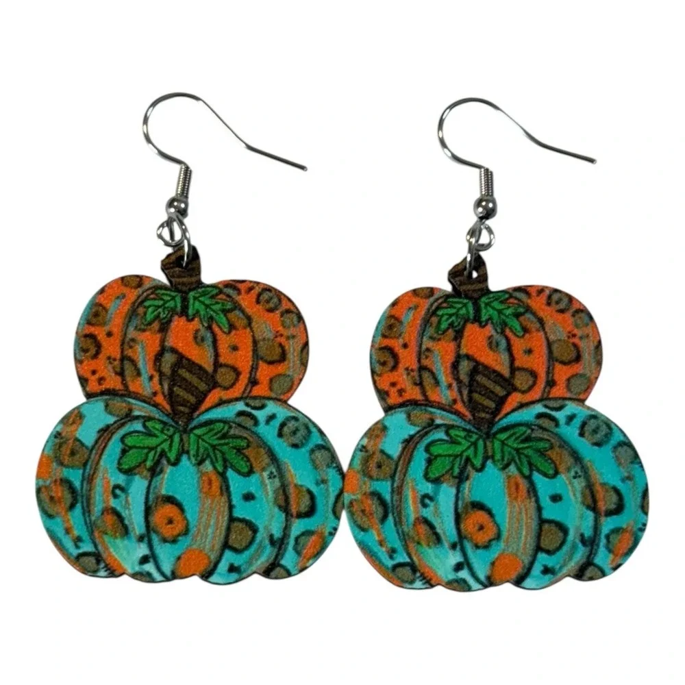 Pumpkin Earrings Womens OS Orange‎ Teal Leopard Print Halloween Dangle Fall
